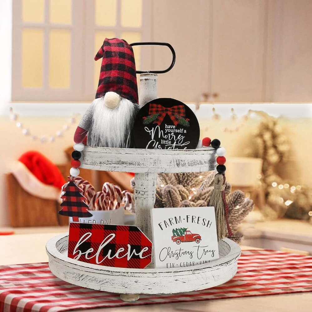 New Believe Merry Christmas Wooden Signs & Buffalo Plaid Gnomes Plush Set Decor - Picture 5 of 6